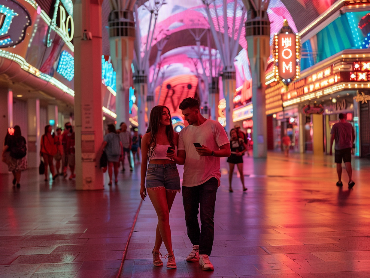 young couple walking on Fremont Street Las Vegas wi